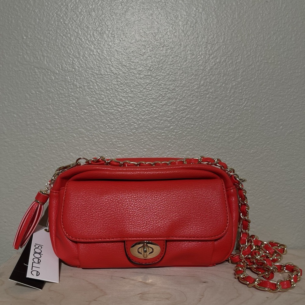 NWT Isabelle Crossbody Purse Gold Tone Hardware Chain Strap Red Vegan Leather